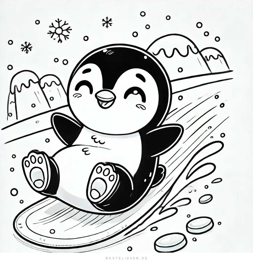 Fröhlicher Pinguin rutscht lachend einen Schneehang hinunter