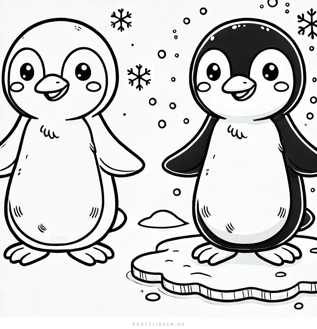 Zwei niedliche Pinguine nebeneinander im Schnee mit Schneeflocken