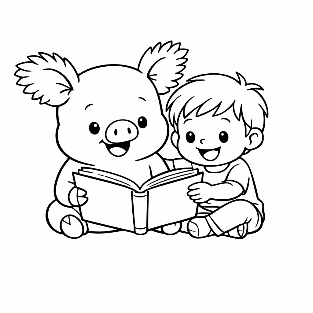 Schwein mit flauschigen Ohren liest gemeinsam mit Kind ein Buch