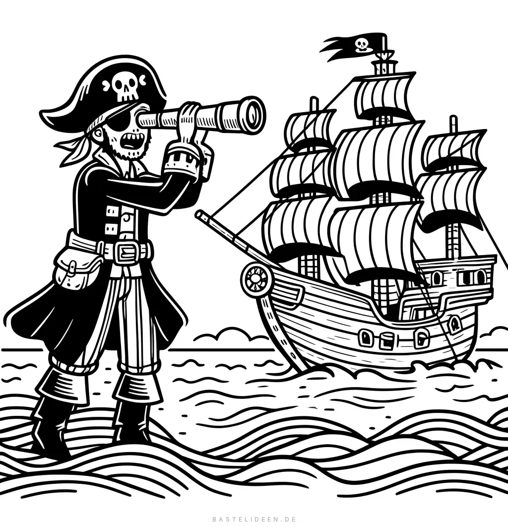 Pirat mit Fernrohr blickt auf sein Schiff