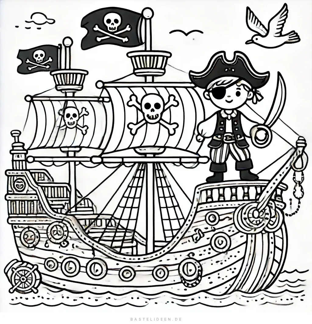 Furchtloser Piratenjunge auf Schiffsdeck mit Schwert