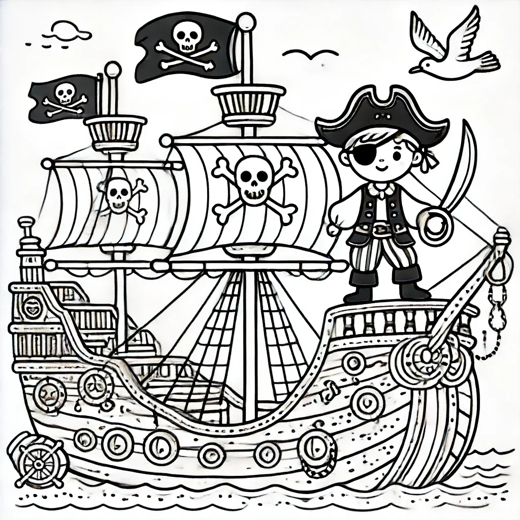 Furchtloser Piratenjunge auf Schiffsdeck mit Schwert