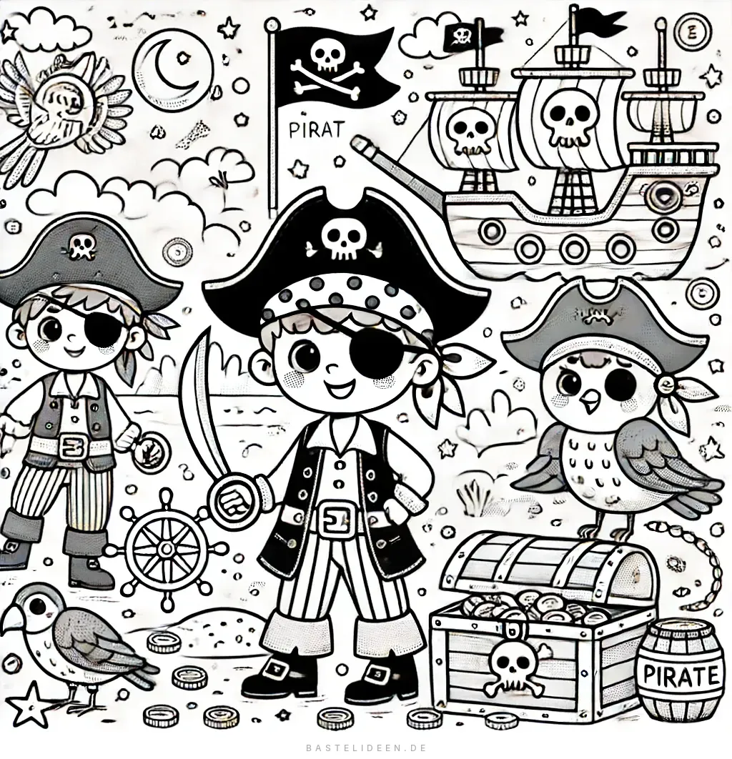 Zwei Piratenkinder mit Schatztruhe, Schiff und Papagei