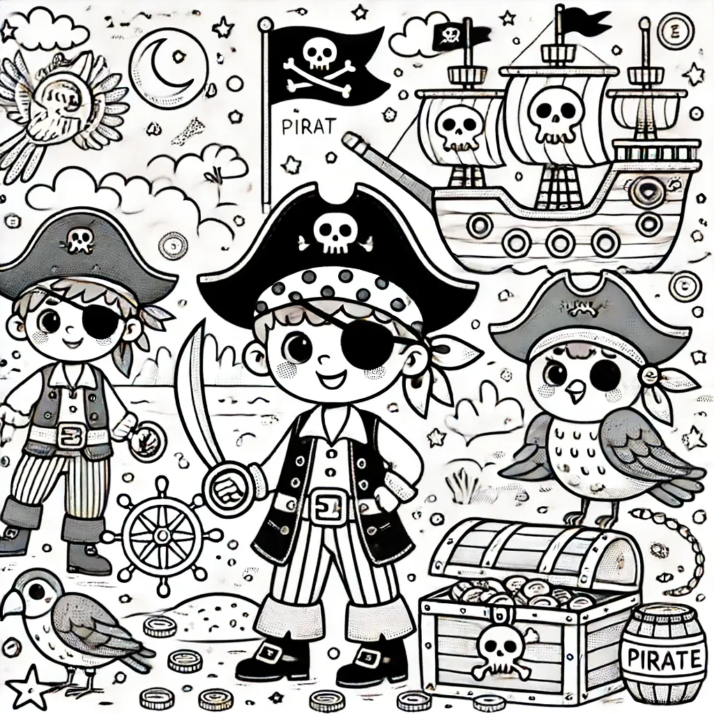 Zwei Piratenkinder mit Schatztruhe, Schiff und Papagei