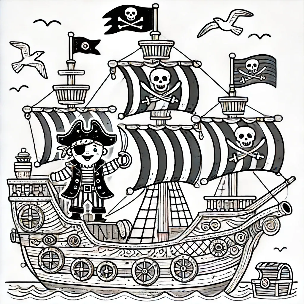 Junge Pirat auf Schiff mit Totenkopfsegeln und Schatzkiste