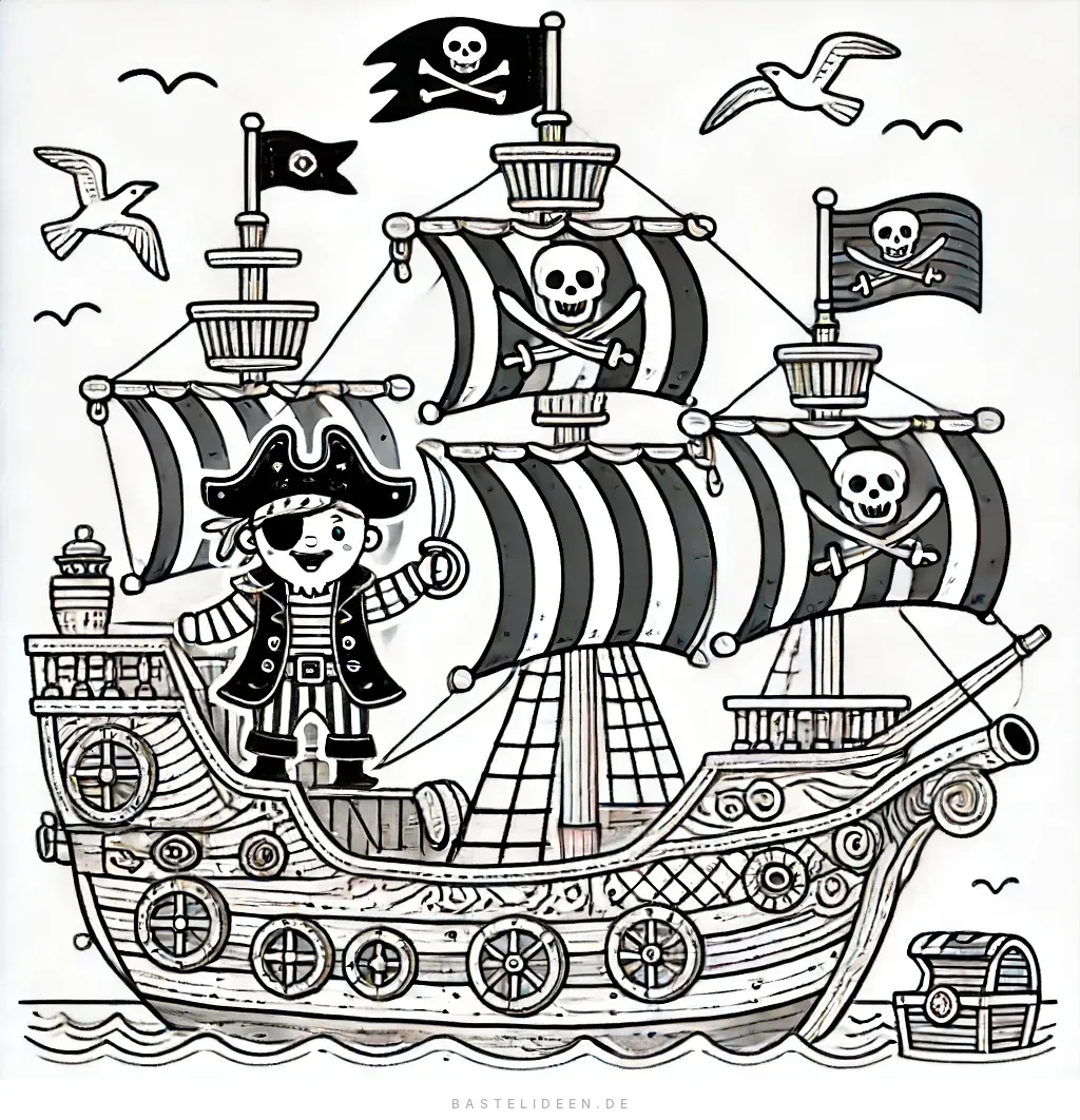 Junge Pirat auf Schiff mit Totenkopfsegeln und Schatzkiste