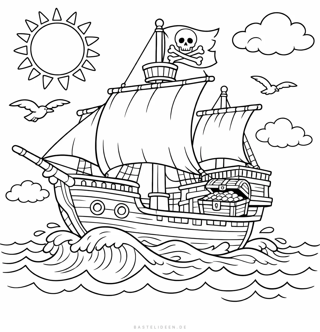 Piratenschiff mit Totenkopfflagge segelt auf Wellen