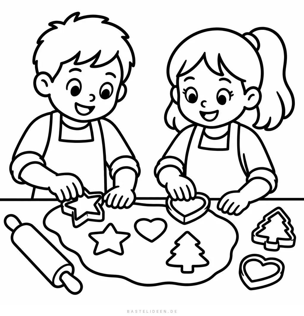 Zwei Kinder stechen Plätzchen in Stern-, Herz- und Tannenform aus