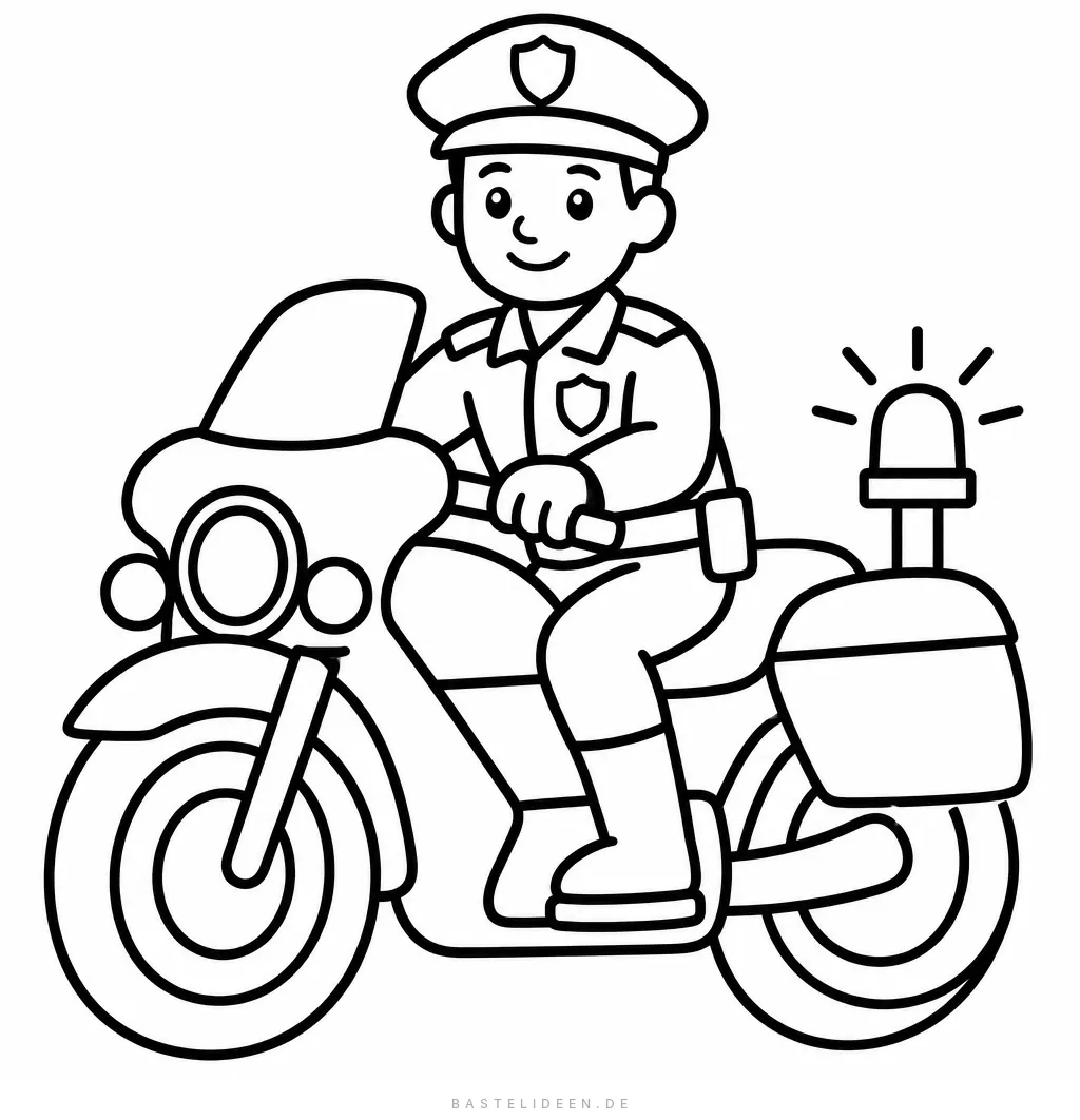 Polizist fährt auf einem Polizeimotorrad mit Blaulicht