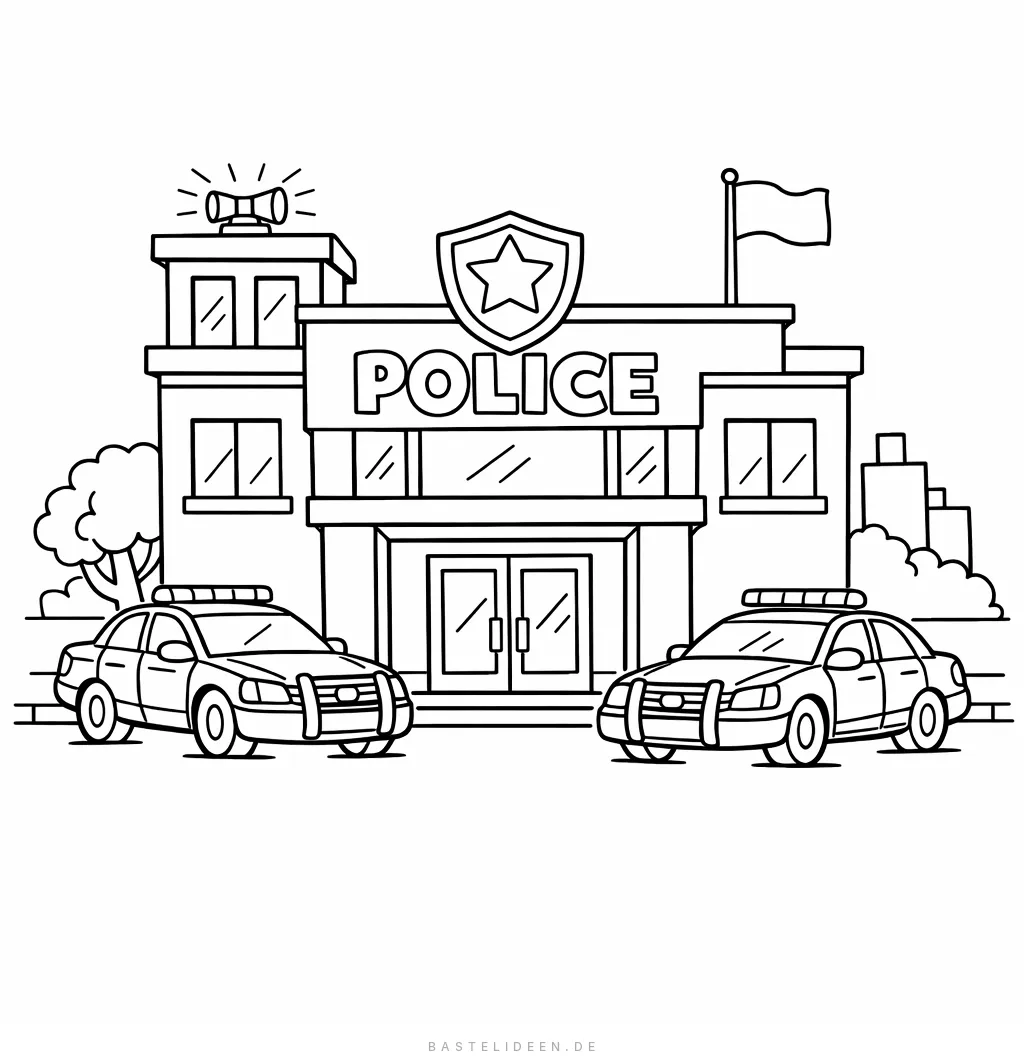 Polizeiwache mit Polizeiautos davor