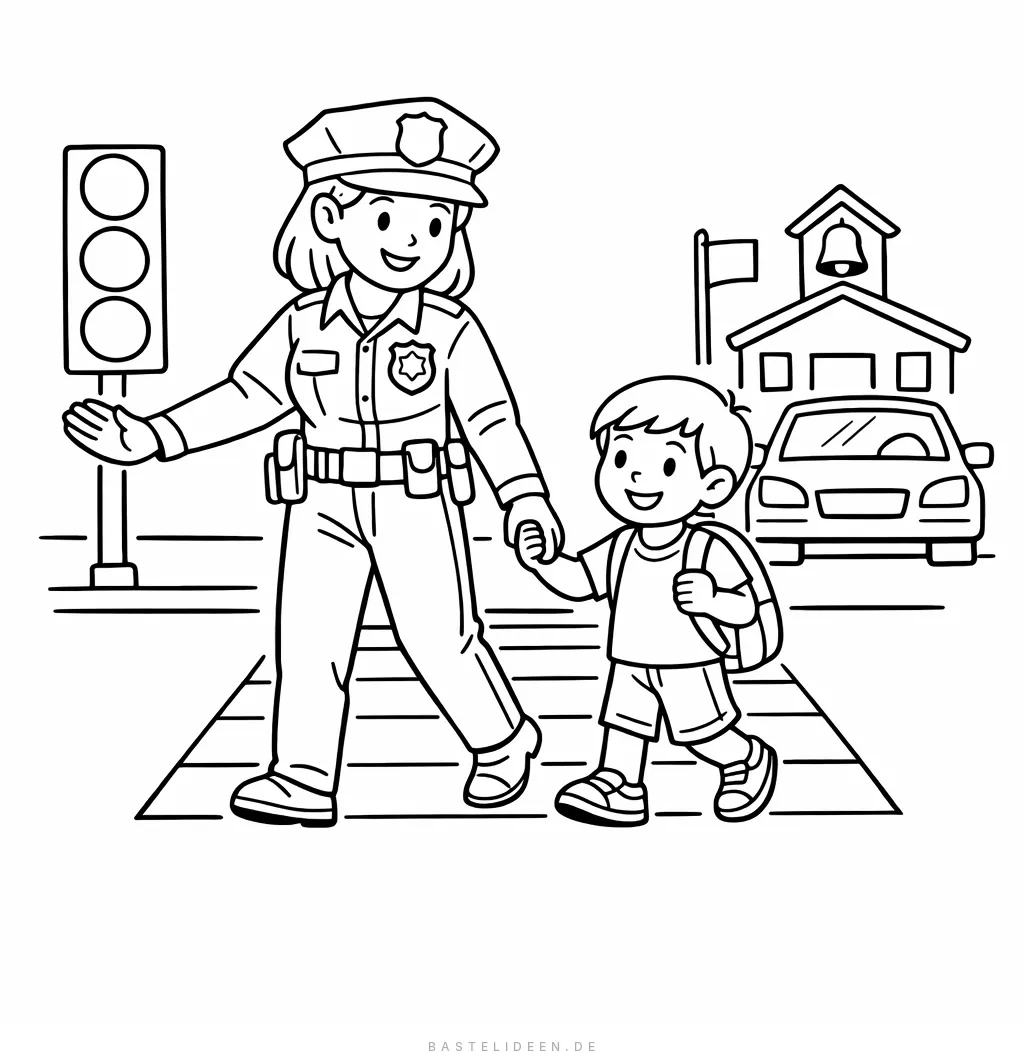 Polizistin hilft einem Kind über die Straße
