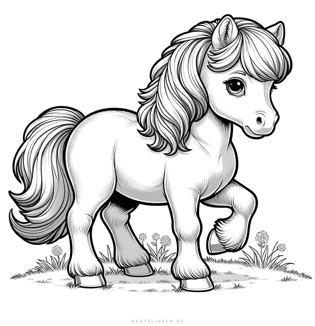 Niedliches Pony mit wallender Mähne hebt anmutig einen Huf