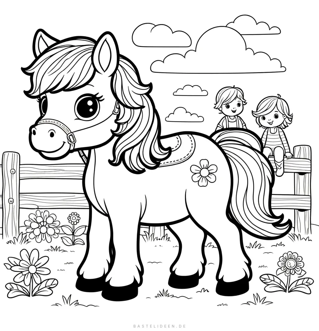 Niedliches Pony mit Kindern auf einem malerischen Bauernhof