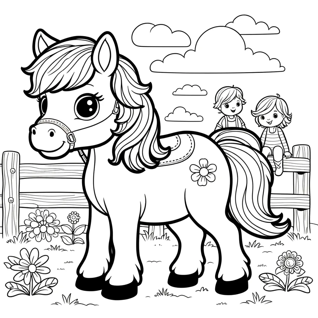 Niedliches Pony mit Kindern auf einem malerischen Bauernhof