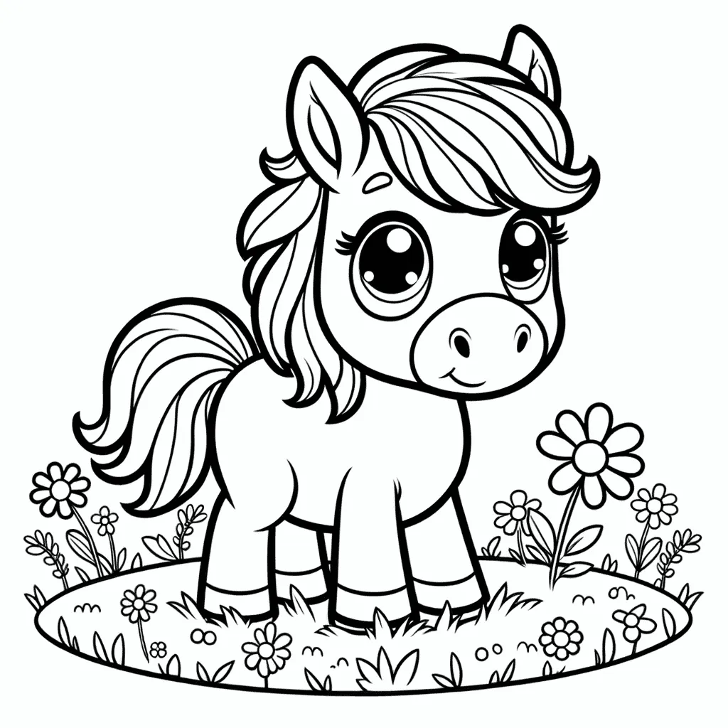 Niedliches Cartoon-Pony mit großen Augen auf Blumenwiese