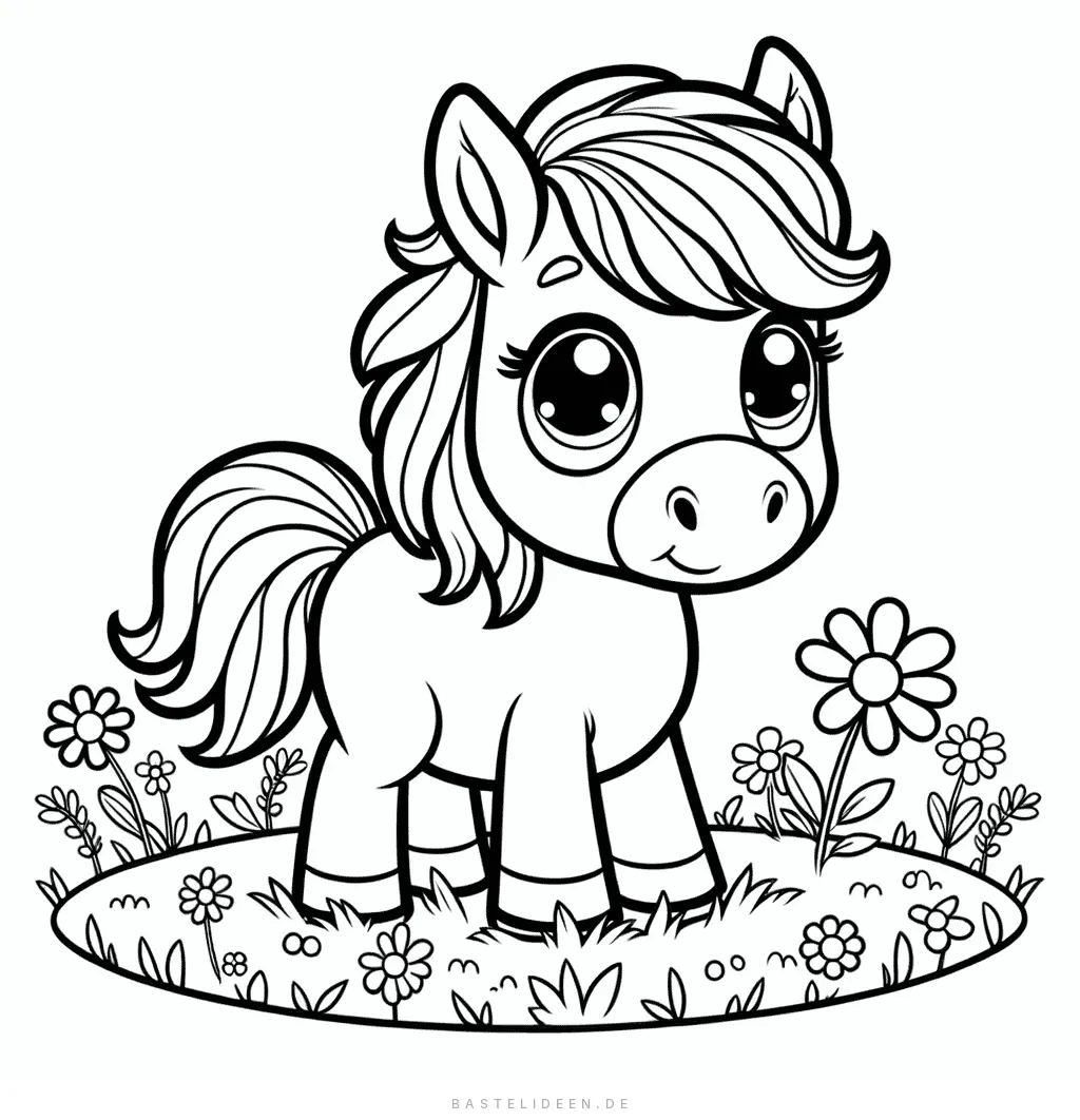 Niedliches Cartoon-Pony mit großen Augen auf Blumenwiese