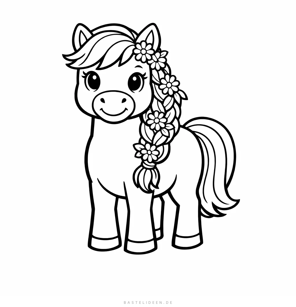 Freundliches Pony mit geflochtener Mähne verziert mit Blumen