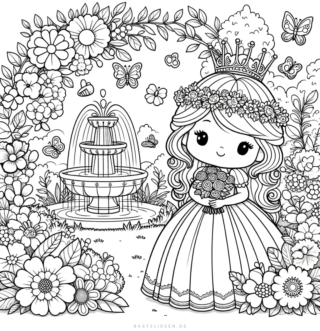 Prinzessin mit Krone im Blumengarten neben Brunnen