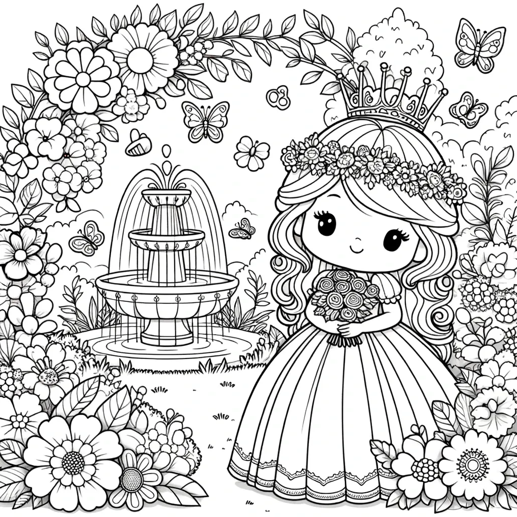 Prinzessin mit Krone im Blumengarten neben Brunnen