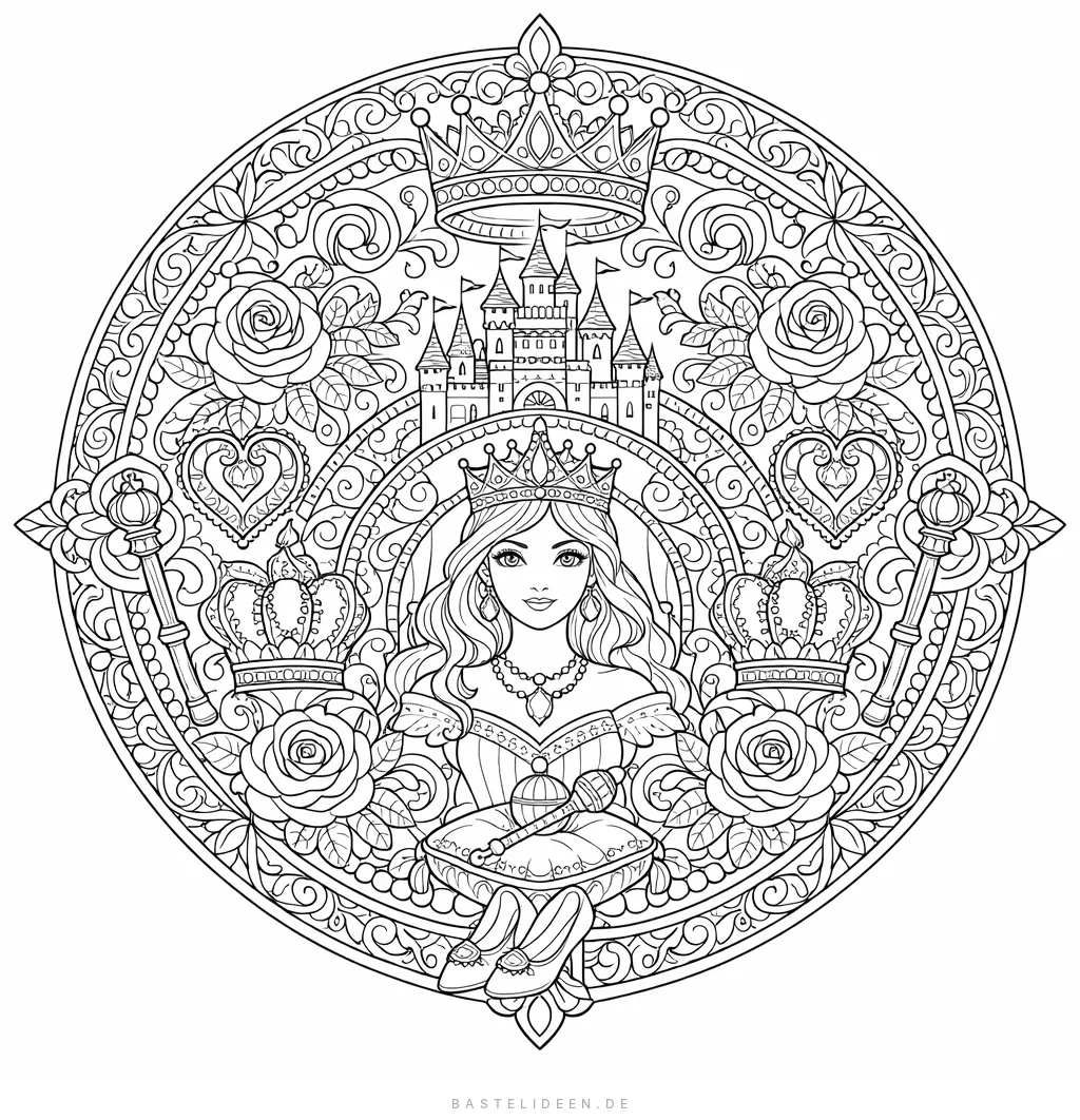 Mandala mit Prinzessin, Schloss und Rosen