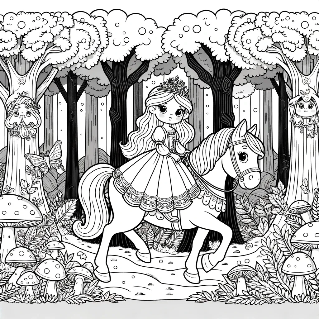 Prinzessin reitet auf Pferd durch Zauberwald mit Pilzen