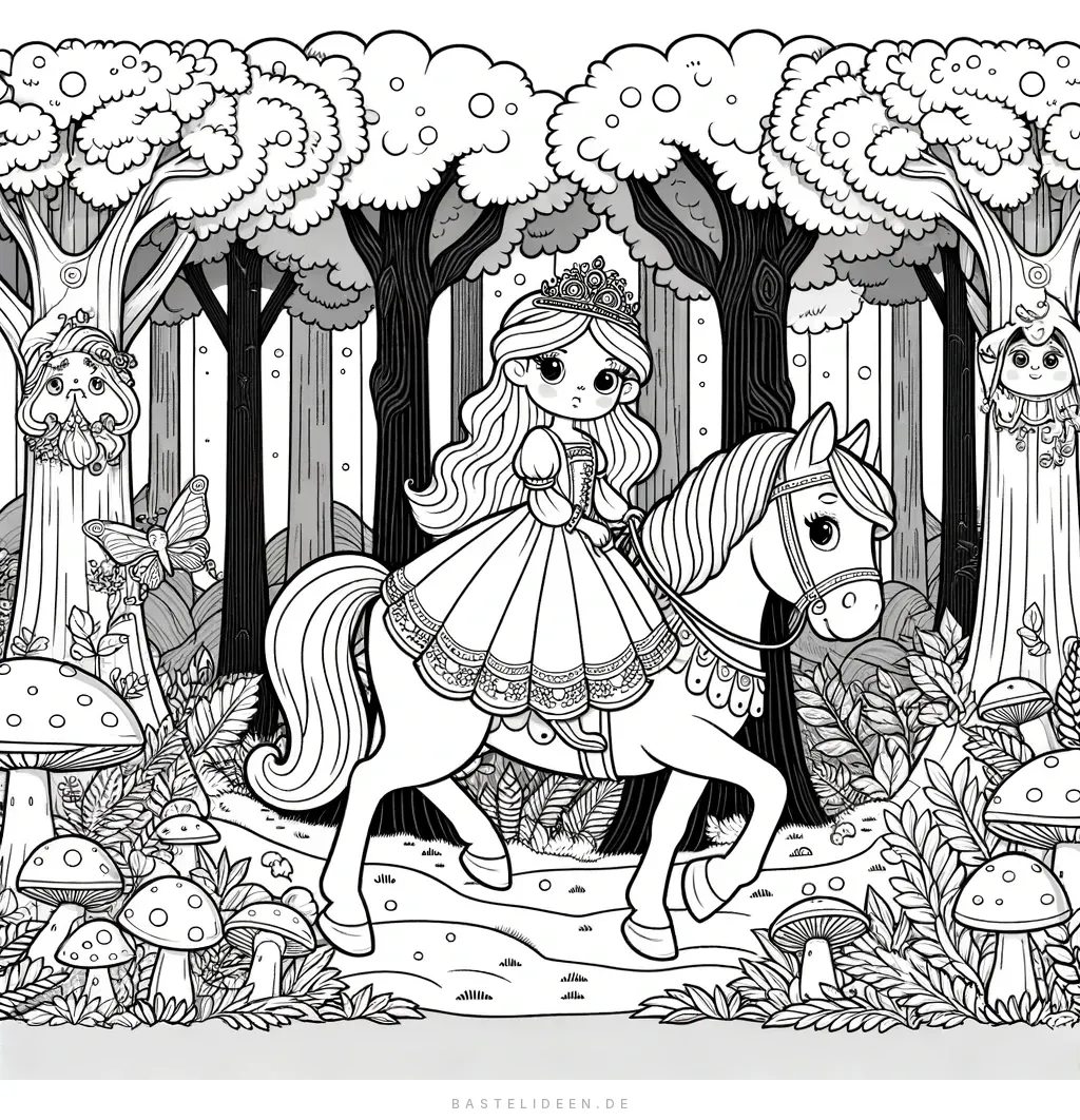 Prinzessin reitet auf Pferd durch Zauberwald mit Pilzen