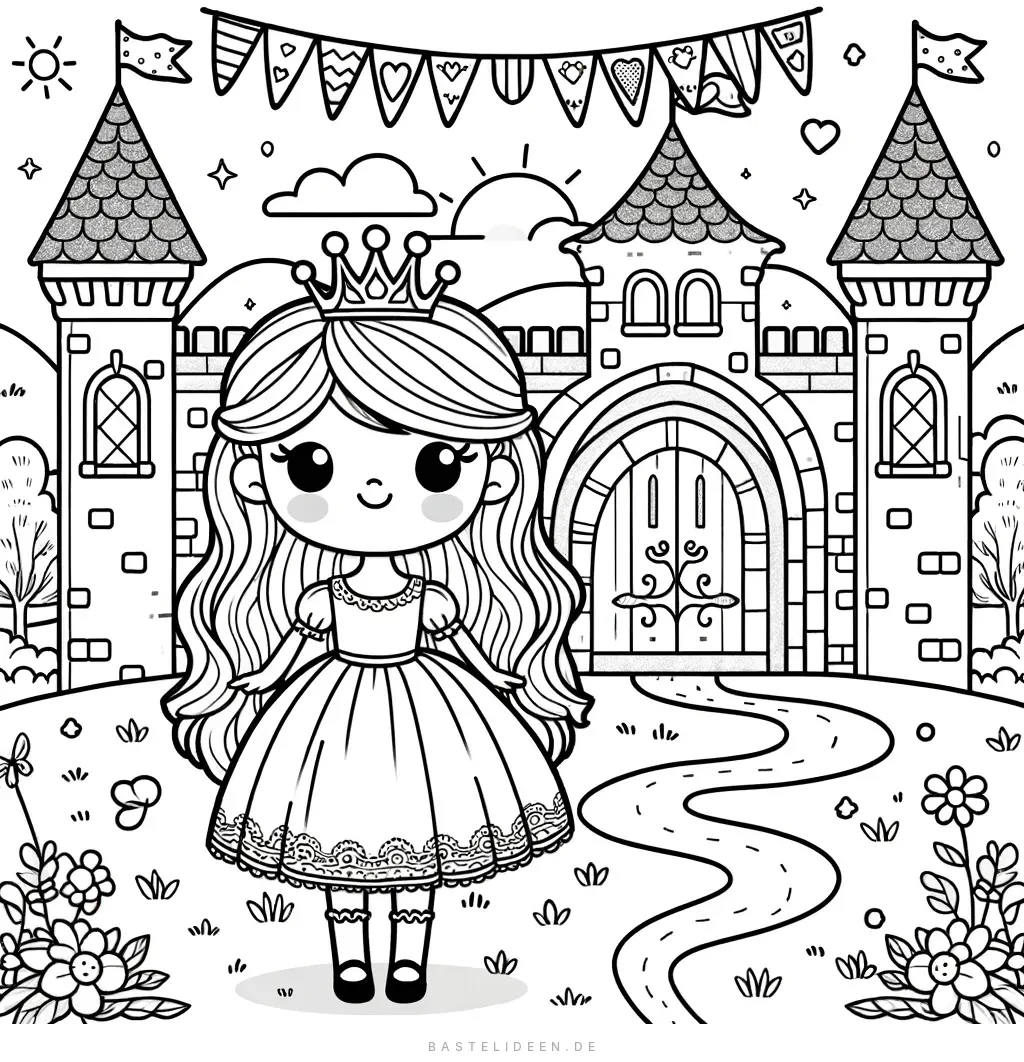 Prinzessin mit Krone vor Schloss mit Wimpeln und Türmen