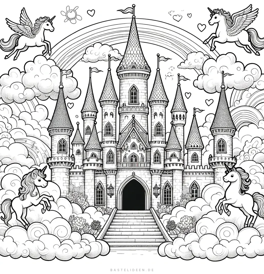 Magisches Schloss mit Einhörnern und Regenbogen