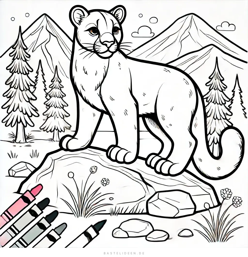 Puma steht selbstbewusst auf Felsen vor Bergen und Kiefern