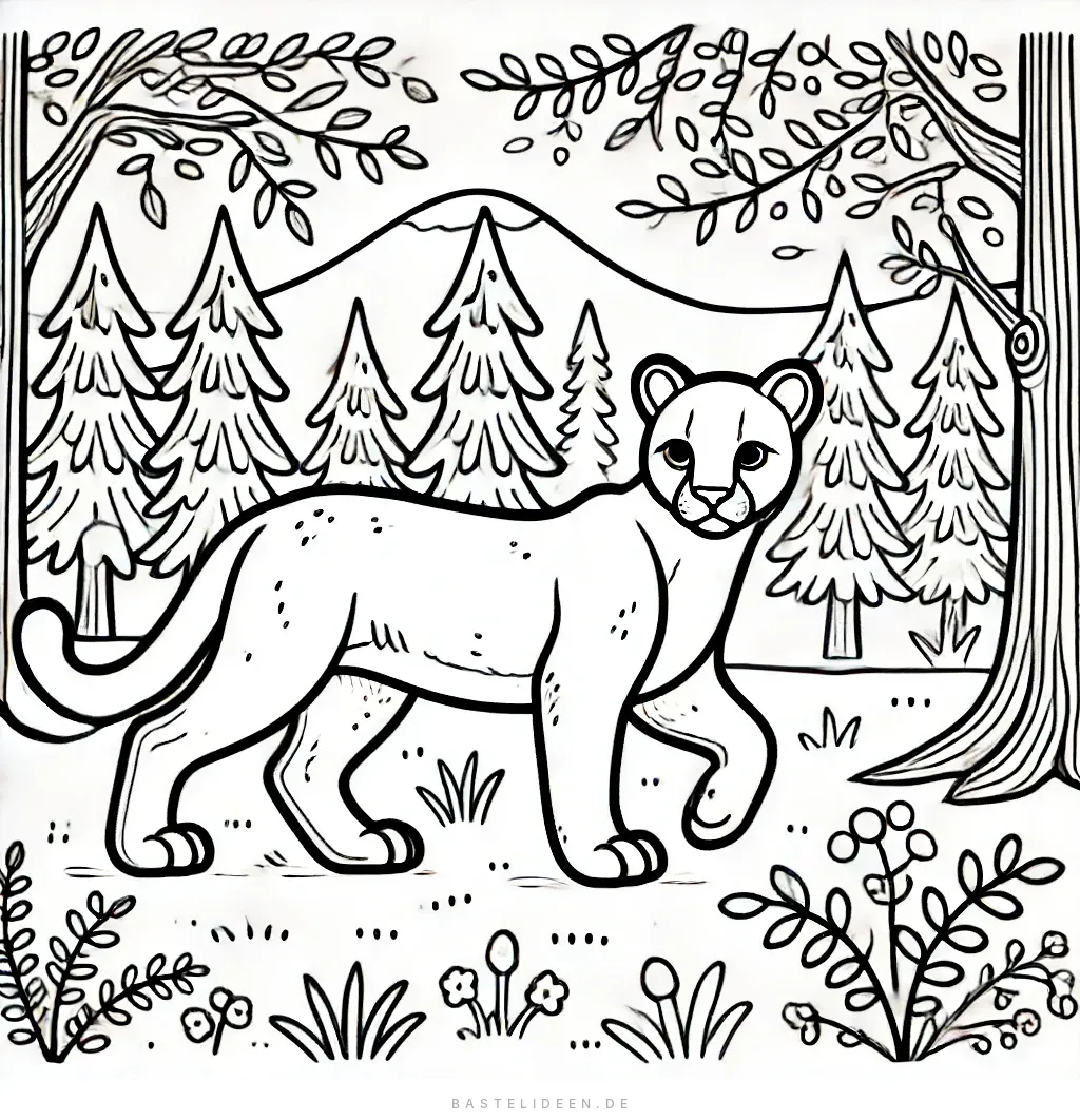 Puma spaziert durch üppigen Wald mit Kiefern und Bergkulisse