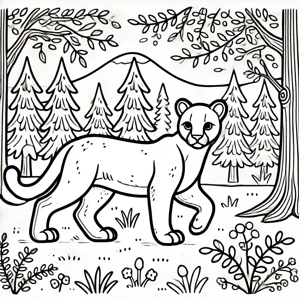 Puma spaziert durch üppigen Wald mit Kiefern und Bergkulisse