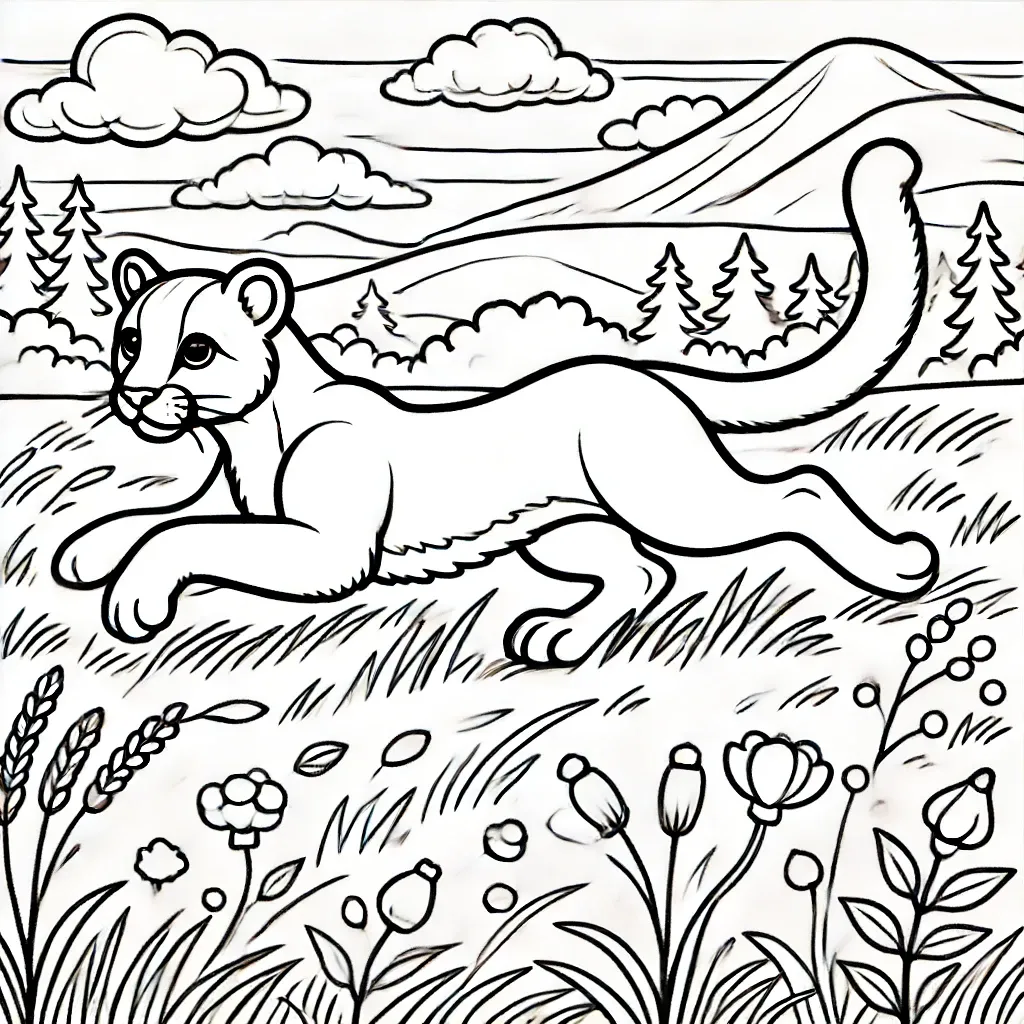 Puma rennt verspielt durch Blumenwiese mit Bergen im Hintergrund