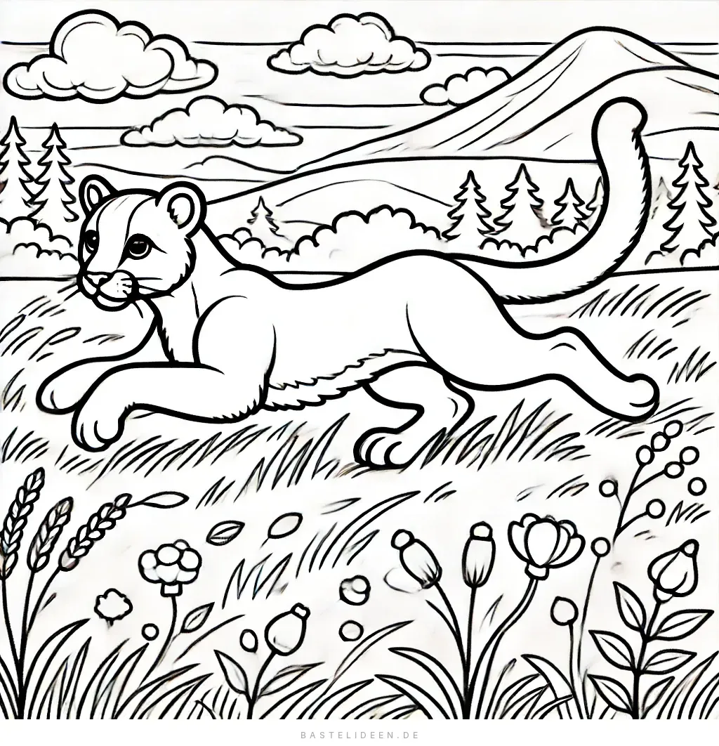 Puma rennt verspielt durch Blumenwiese mit Bergen im Hintergrund