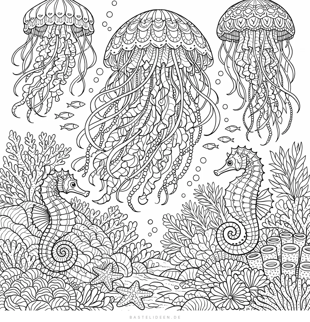 Detaillierte Quallen und Seepferdchen zwischen kunstvollen Korallen