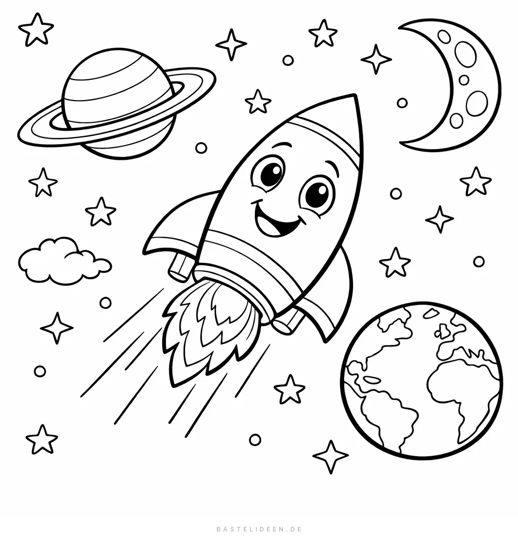 Lächelnde Rakete mit Saturn, Erde, Mond und Sternen
