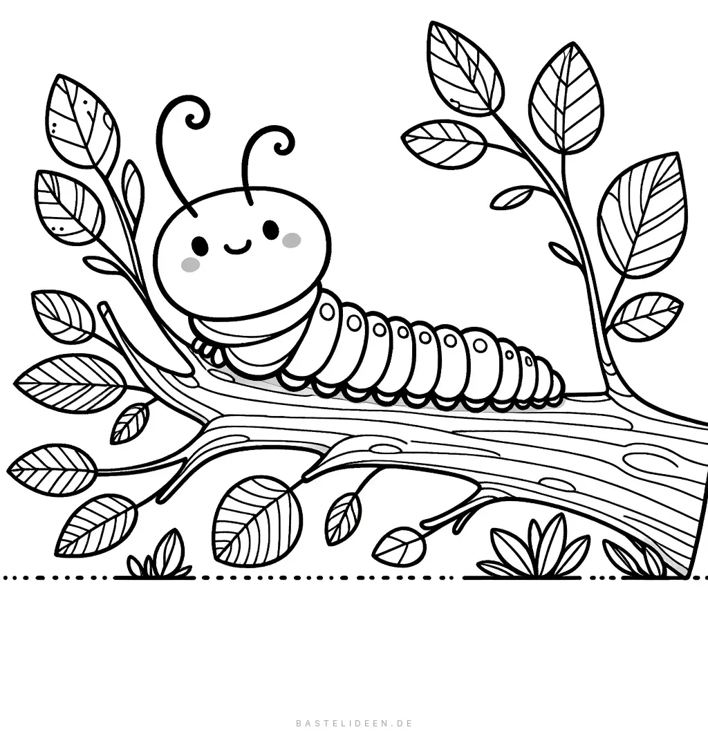 Niedliche Raupe mit Fühlern auf Baumast mit Blättern