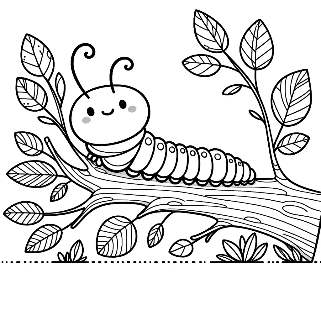 Niedliche Raupe mit Fühlern auf Baumast mit Blättern