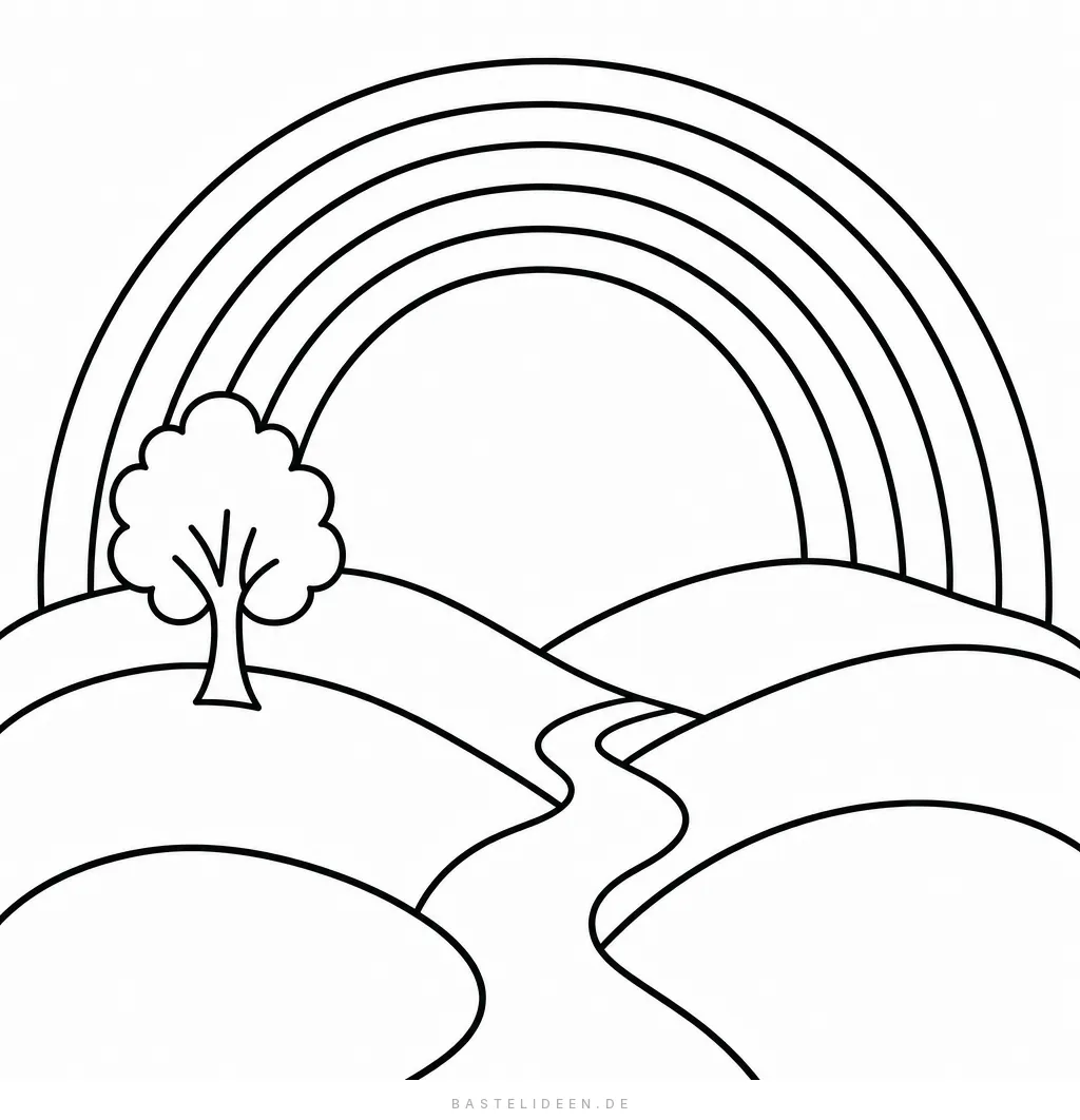 Regenbogen über sanften Hügeln mit einem Baum und einem geschwungenen Weg