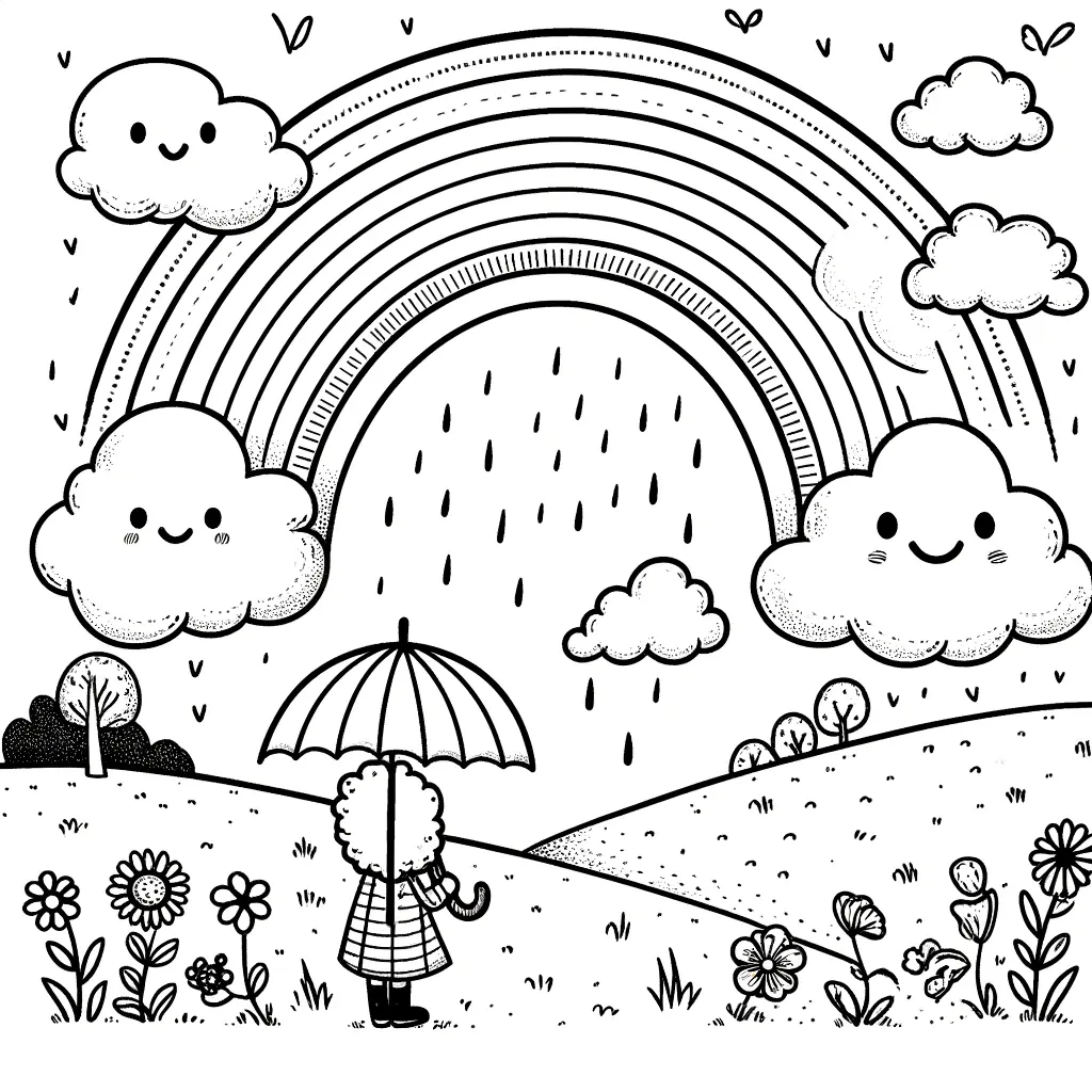 Mädchen betrachtet Regenbogen über Hügeln