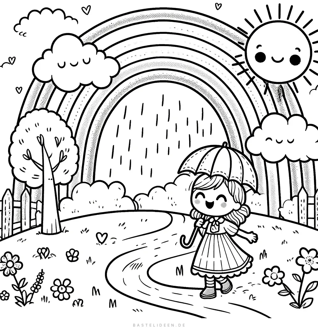 Mädchen mit Regenschirm unter Regenbogen