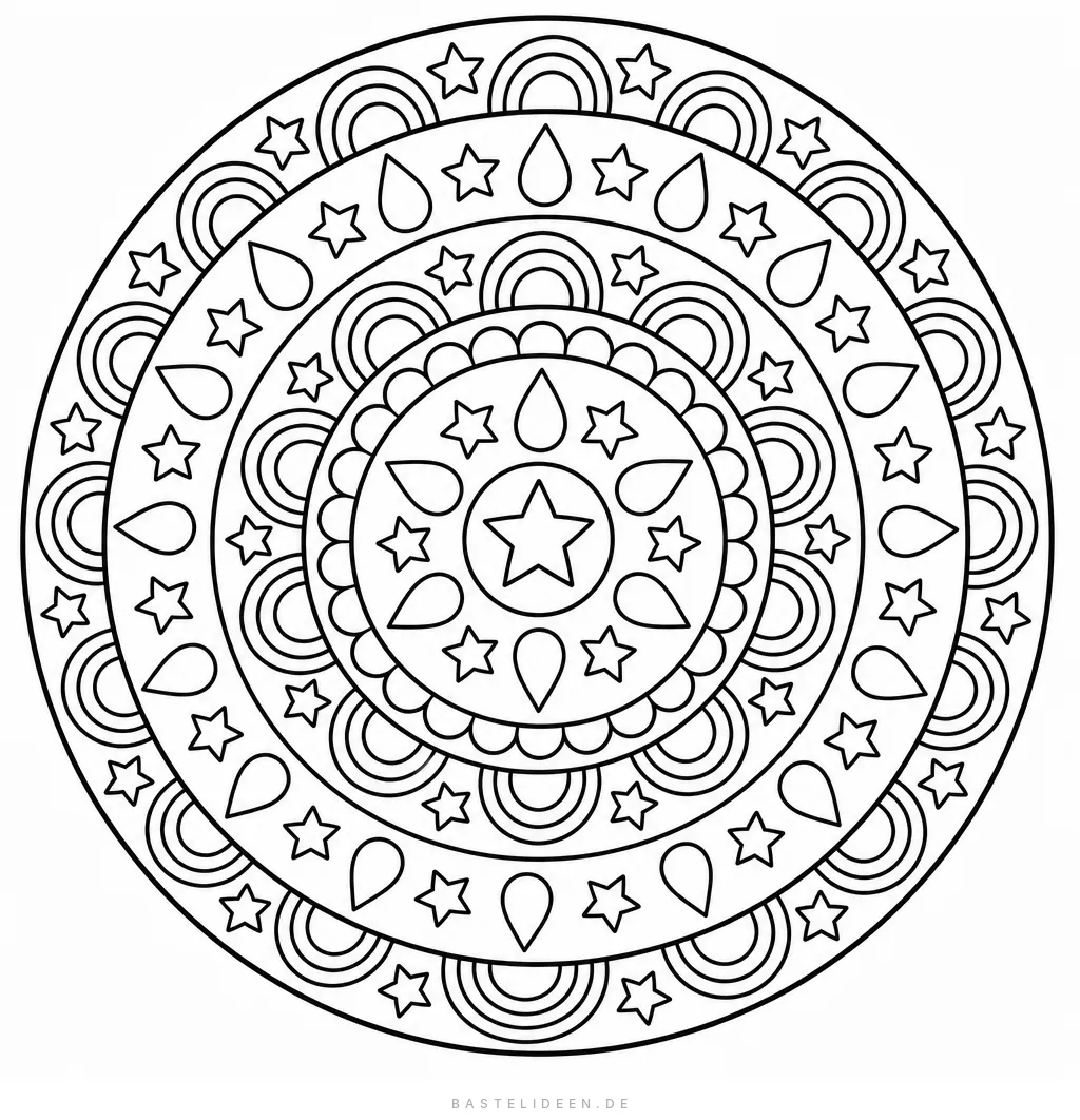Rundes Mandala aus kleinen Regenbögen, Regentropfen und Sternen um einen Stern in der Mitte