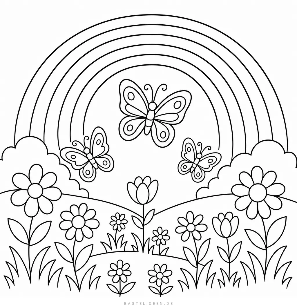 Regenbogen über einer Blumenwiese mit drei Schmetterlingen und zwei Wolken