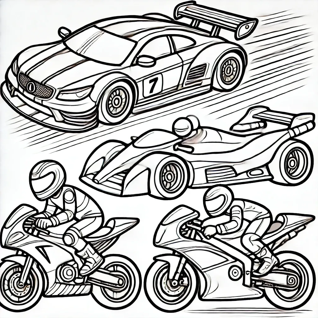 Sportwagen, Rennauto und Motorraeder in dynamischer Szene