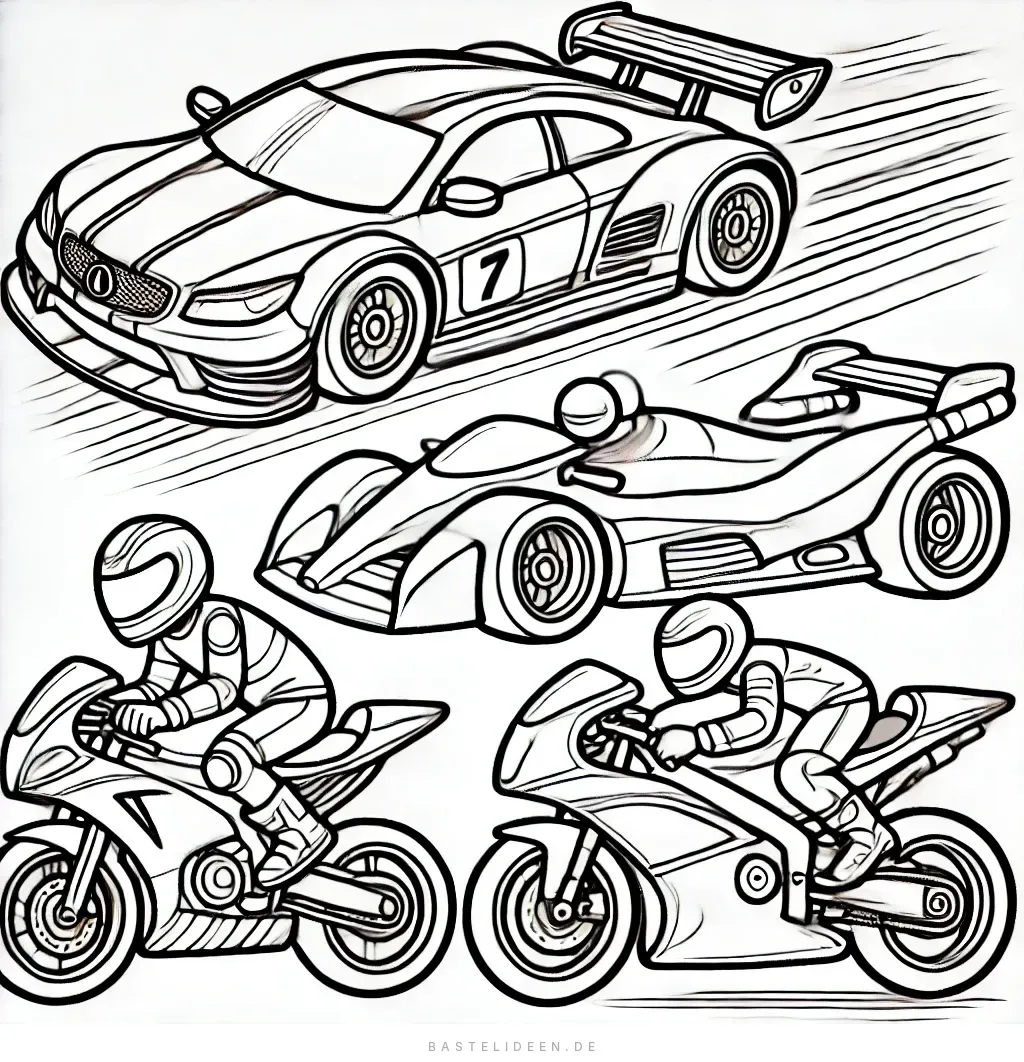 Sportwagen, Rennauto und Motorräder in dynamischer Szene