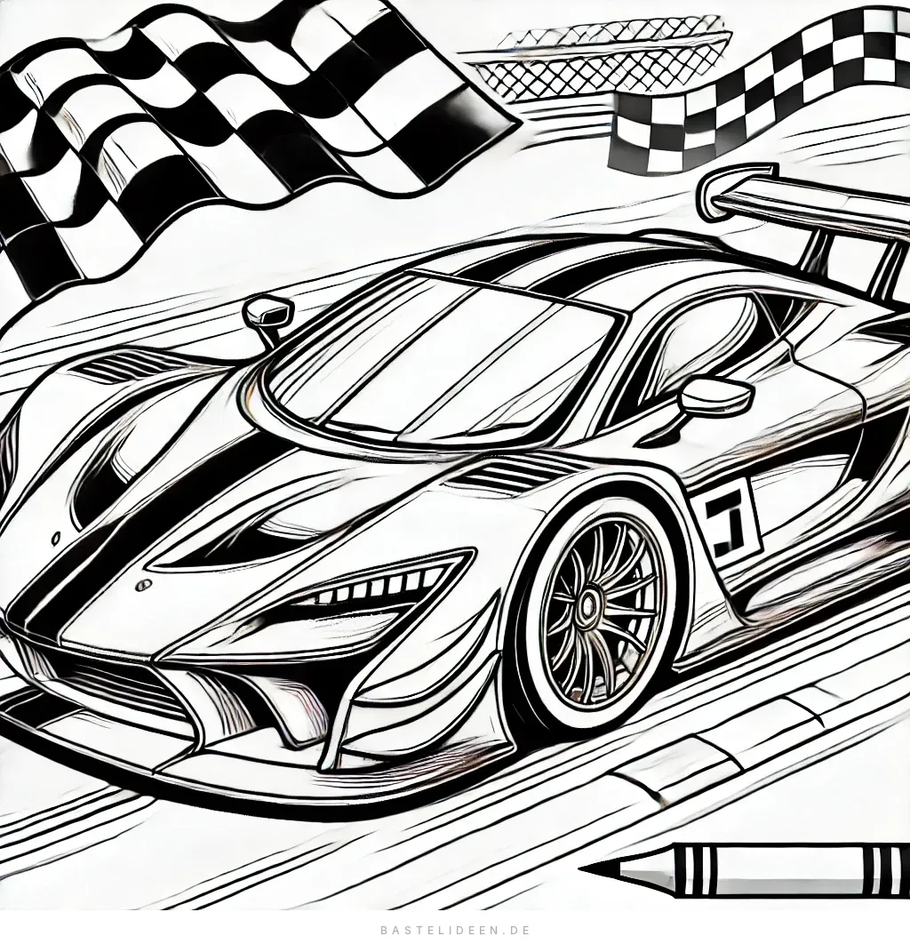 Rennwagen an der Ziellinie mit Flagge