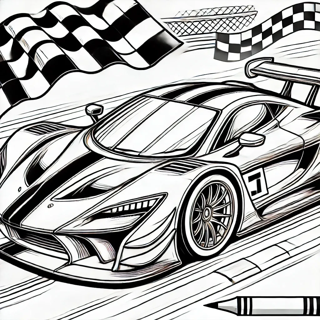 Rennwagen an der Ziellinie mit Flagge