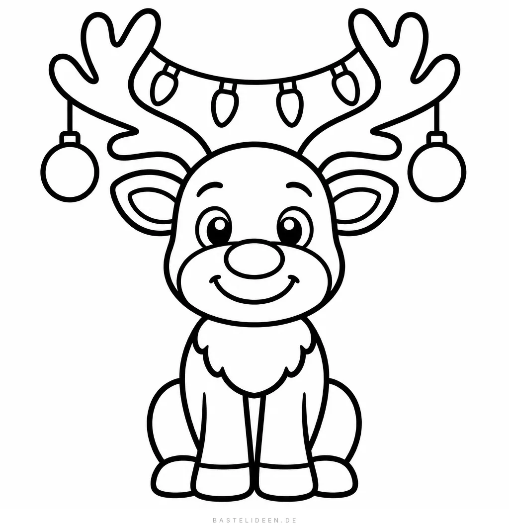 Lächelndes Rentier mit Lichterkette und Christbaumkugeln am Geweih