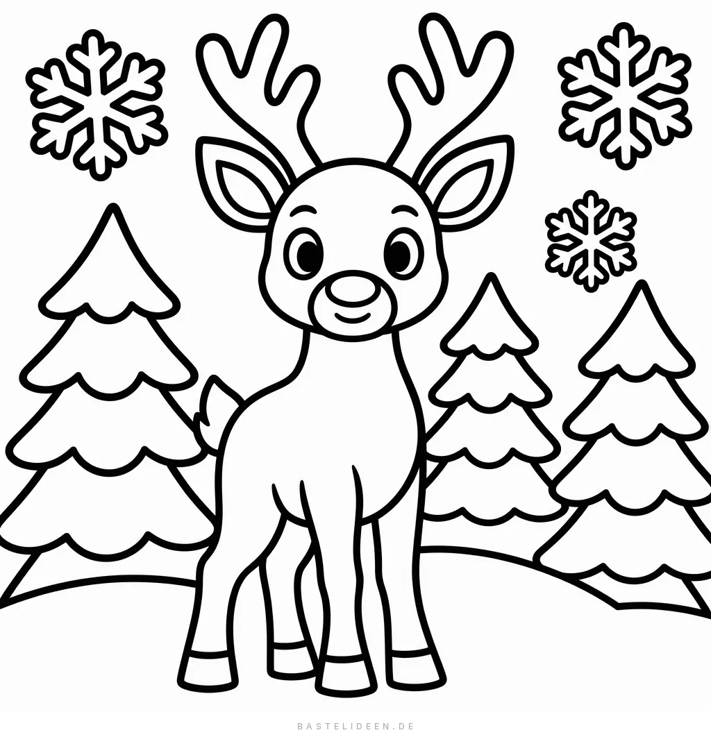 Rentier steht zwischen Tannen im Winterwald, darüber Schneeflocken