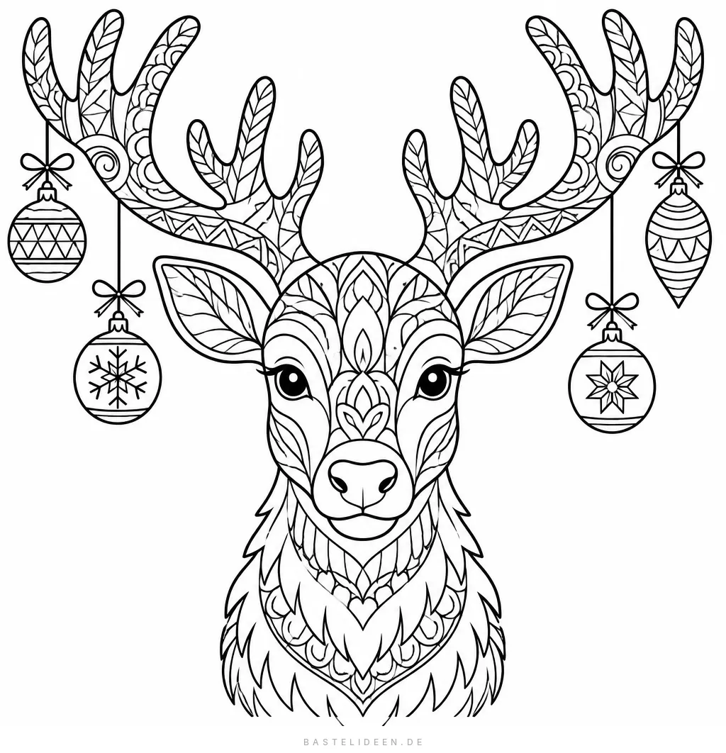 Rentierkopf mit Zentangle-Mustern, an den Geweihen hängen Christbaumkugeln