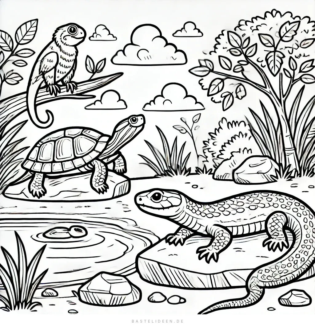 Schildkröte, Eidechse und Chamäleon am Teich